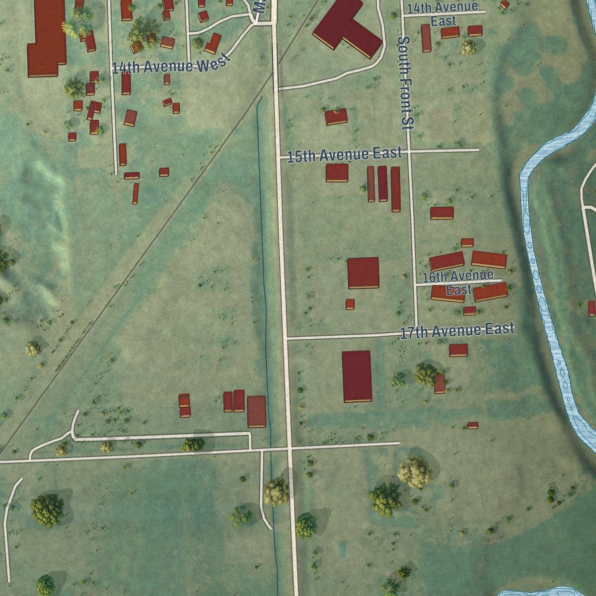Second close-up of the map of Lisbon, North Dakota print showing more streets and buildings