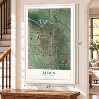 Lisbon, North Dakota map, 24 x 36 inch print in a white frame by a staircase
