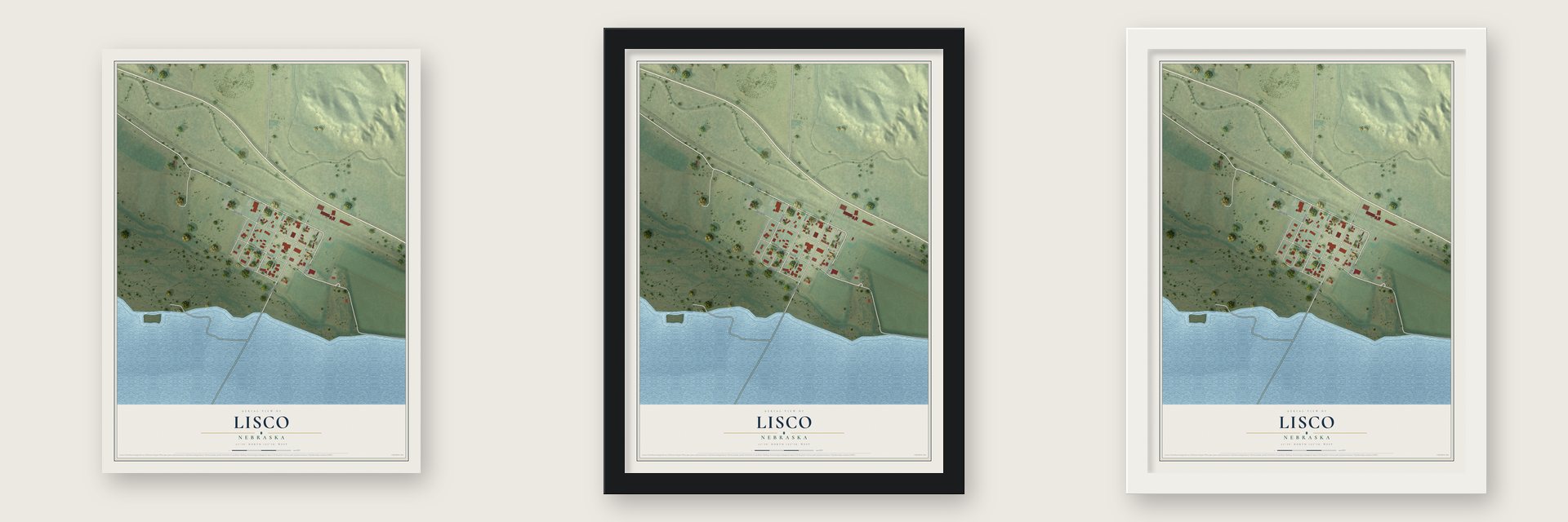 Lisco, Nebraska map unframed, in a black wood frame and in a white wood frame