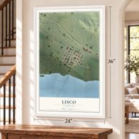 Lisco, Nebraska map, 24 x 36 inch print in a white frame by a staircase