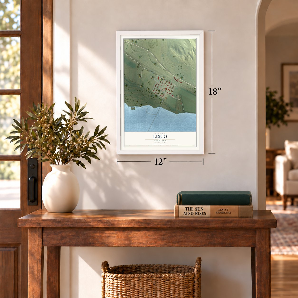 Lisco, Nebraska map, 12 x 18 inch print in a white frame in an entryway