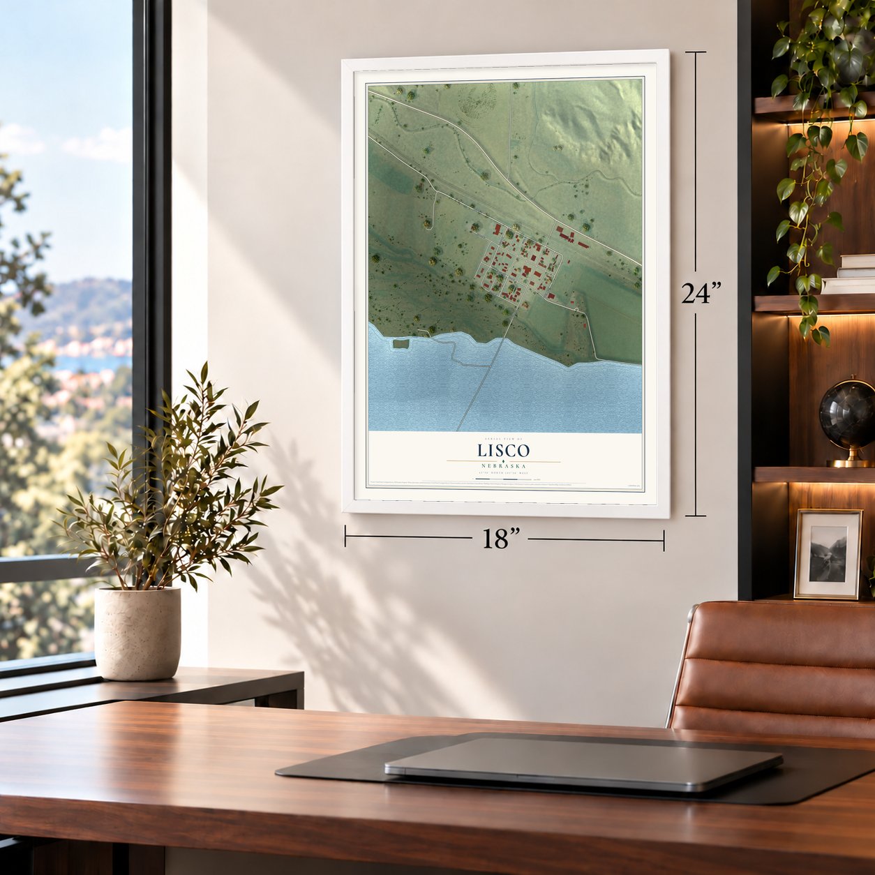 Lisco, Nebraska map, 18 x 24 inch print in a white frame in a home office