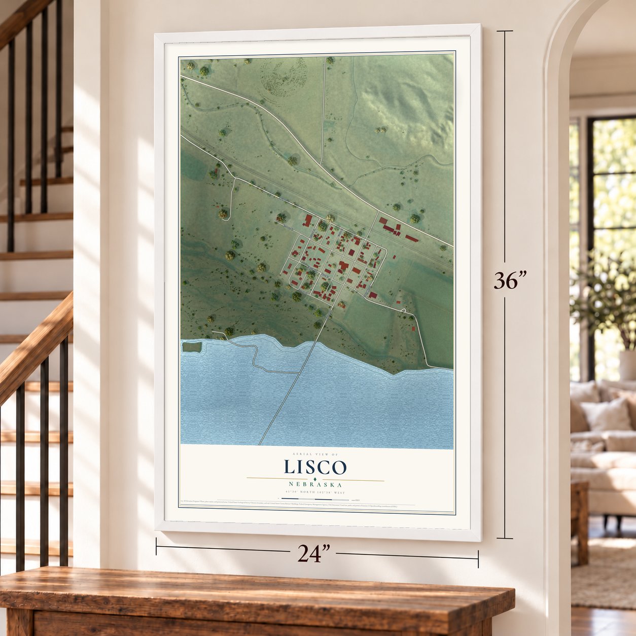 Lisco, Nebraska map, 24 x 36 inch print in a white frame by a staircase