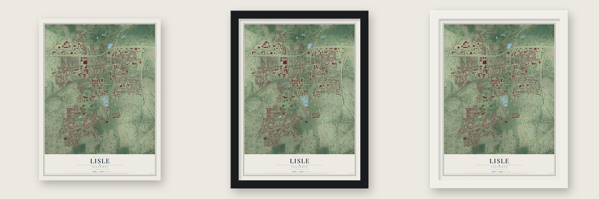 Lisle, Illinois map unframed, in a black wood frame and in a white wood frame