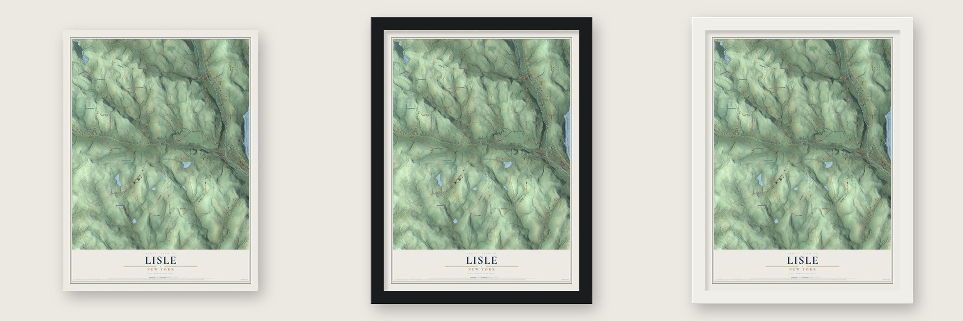 Lisle, New York map unframed, in a black wood frame and in a white wood frame