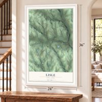 Lisle, New York map, 24 x 36 inch print in a white frame by a staircase