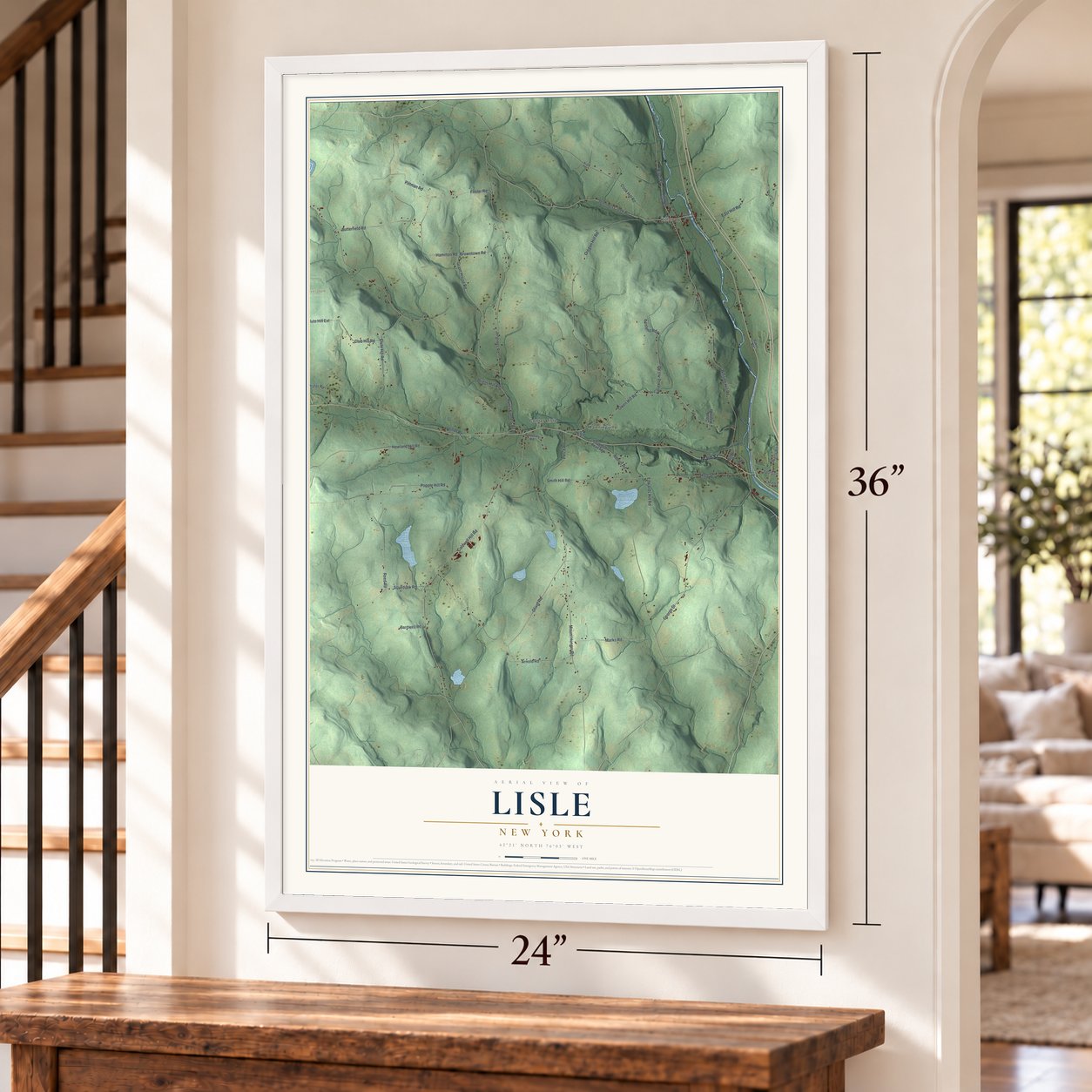 Lisle, New York map, 24 x 36 inch print in a white frame by a staircase