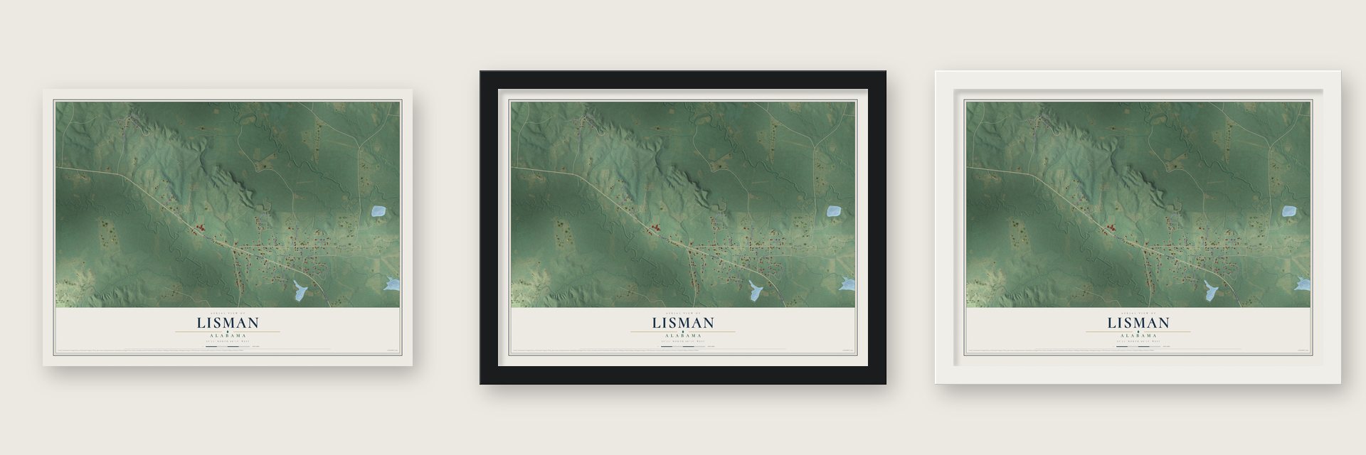 Lisman, Alabama map unframed, in a black wood frame and in a white wood frame