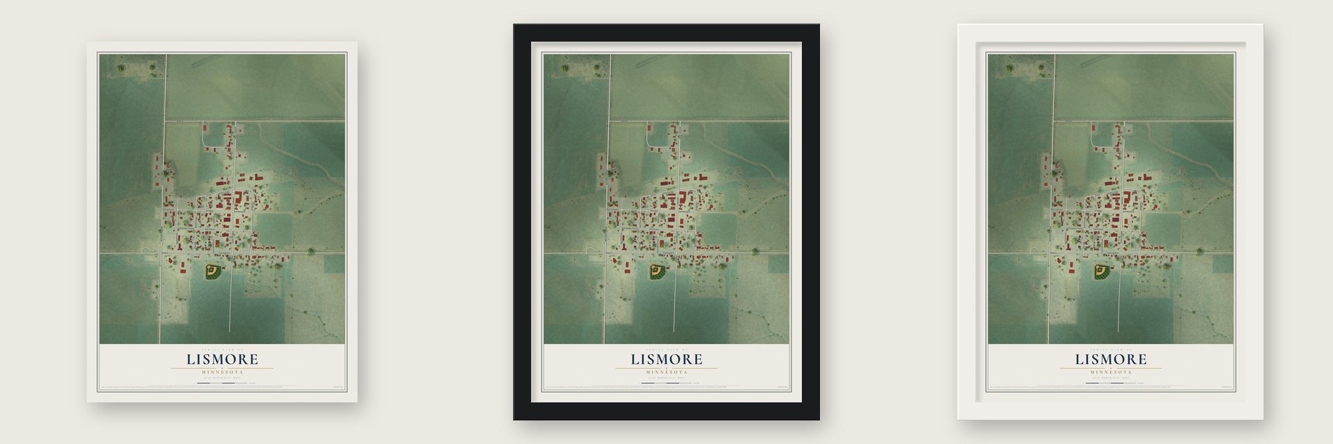 Lismore, Minnesota map unframed, in a black wood frame and in a white wood frame