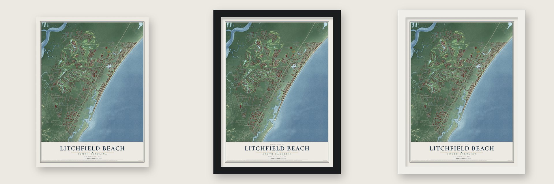 Litchfield Beach, South Carolina map unframed, in a black wood frame and in a white wood frame