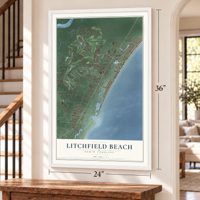 Litchfield Beach, South Carolina map, 24 x 36 inch print in a white frame by a staircase