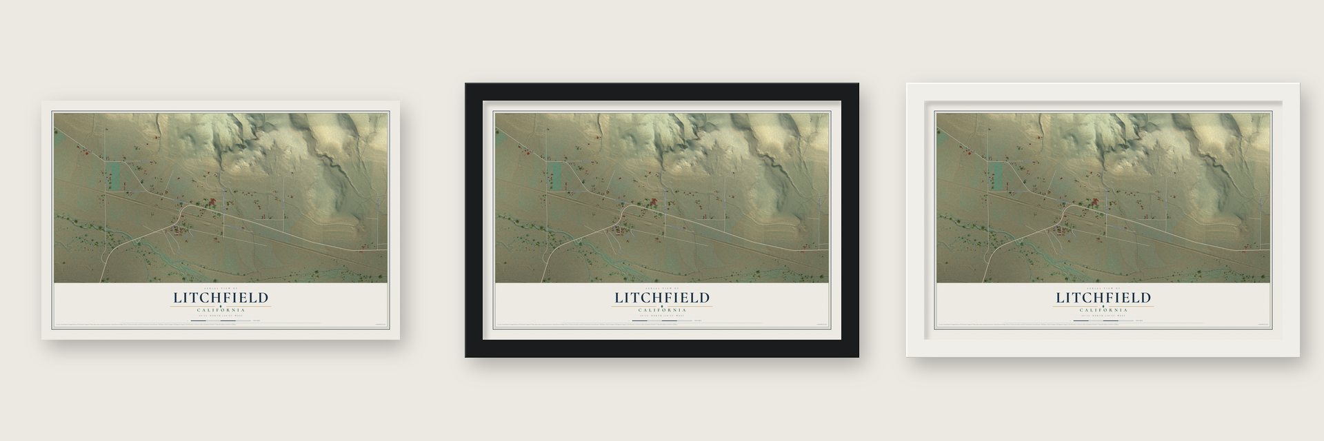 Litchfield, California map unframed, in a black wood frame and in a white wood frame