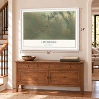 Litchfield, California map, 24 x 36 inch print in a white frame above a dresser by a staircase