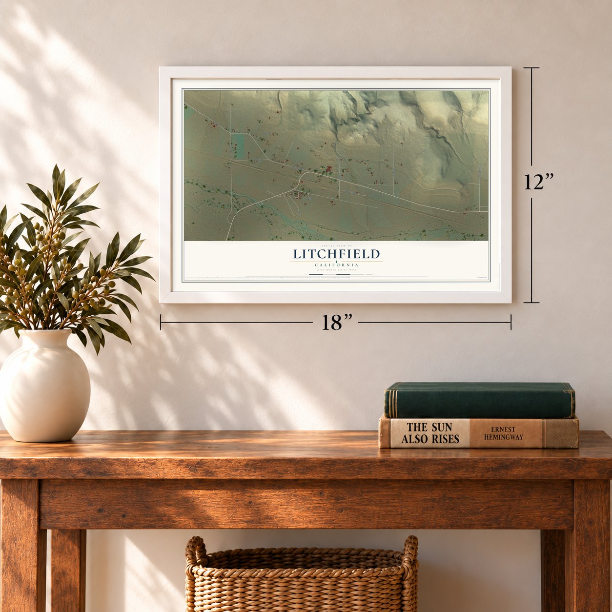 Litchfield, California map, 12 x 18 inch print in a white frame in an entryway