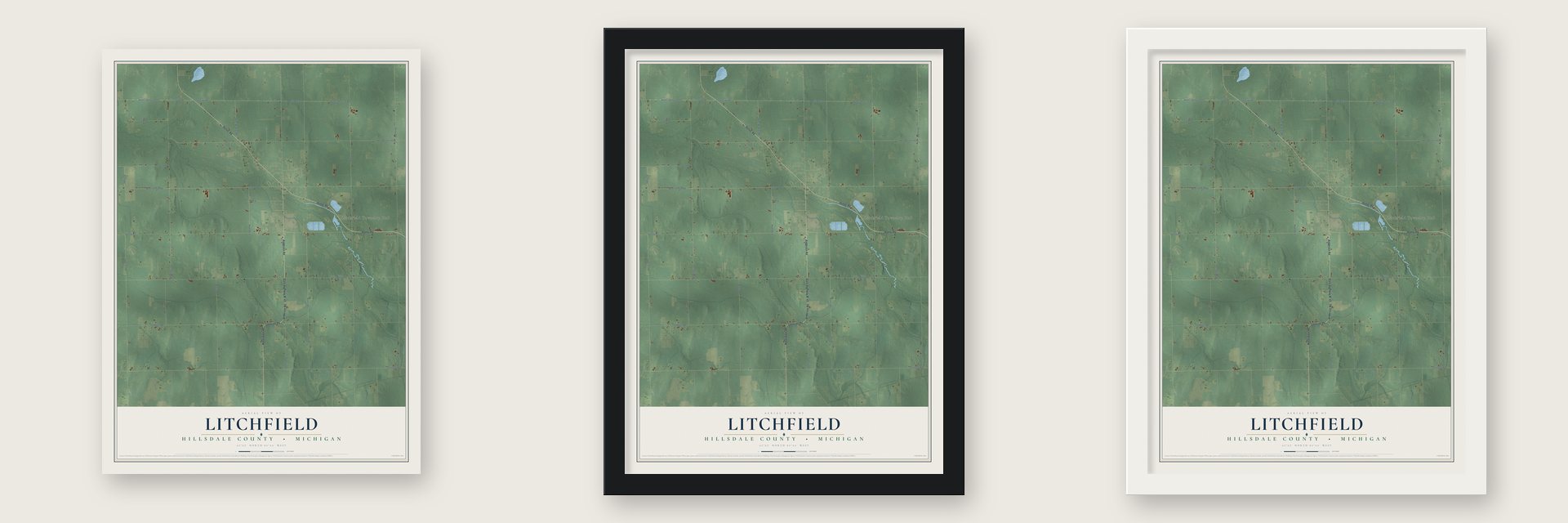 Litchfield, Hillsdale County, Michigan map unframed, in a black wood frame and in a white wood frame