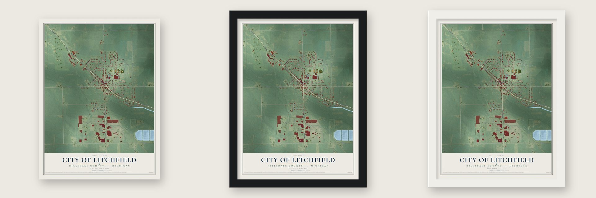 Litchfield, Michigan map unframed, in a black wood frame and in a white wood frame