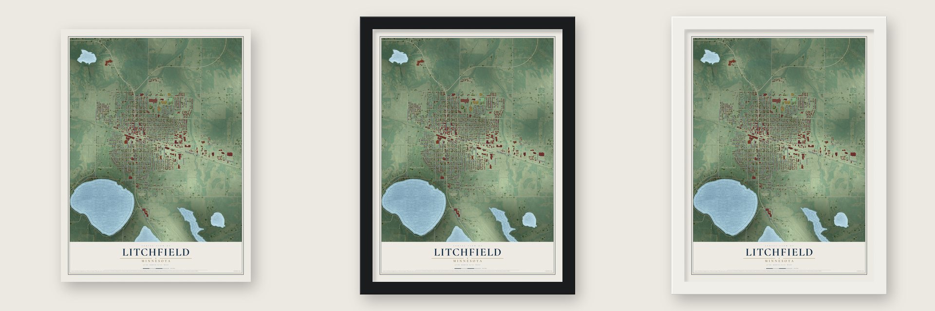Litchfield, Minnesota map unframed, in a black wood frame and in a white wood frame