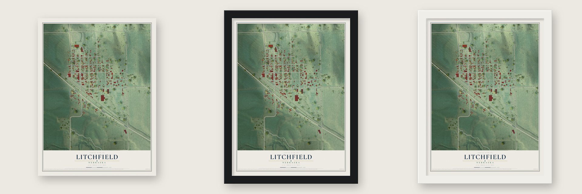 Litchfield, Nebraska map unframed, in a black wood frame and in a white wood frame