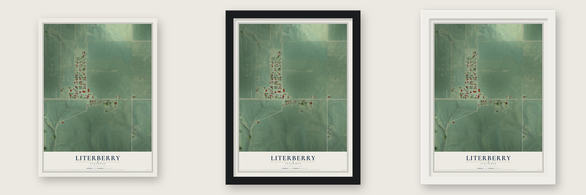 Literberry, Illinois map unframed, in a black wood frame and in a white wood frame