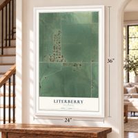 Literberry, Illinois map, 24 x 36 inch print in a white frame by a staircase