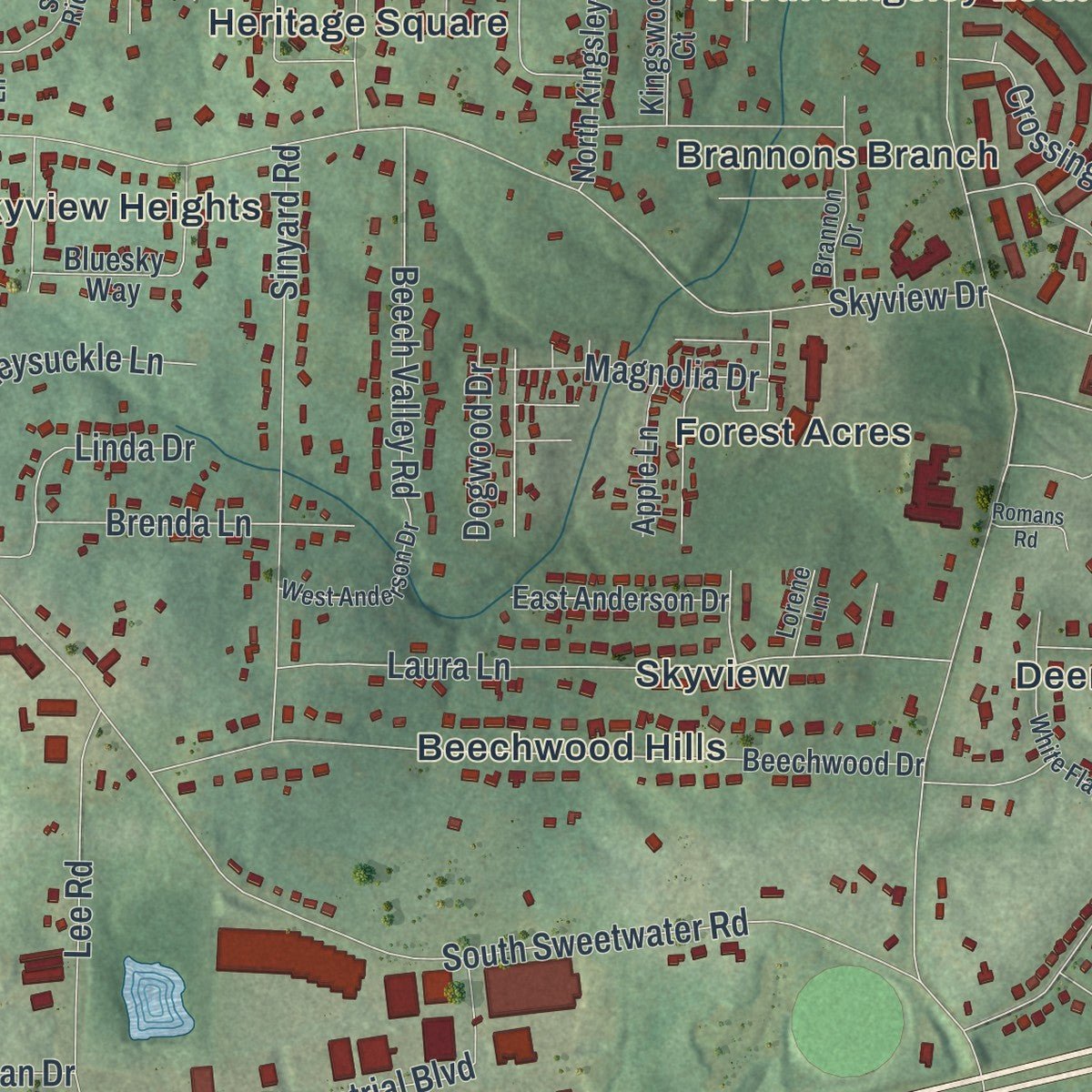 Second close-up of the map of Lithia Springs, Georgia print showing more streets and buildings