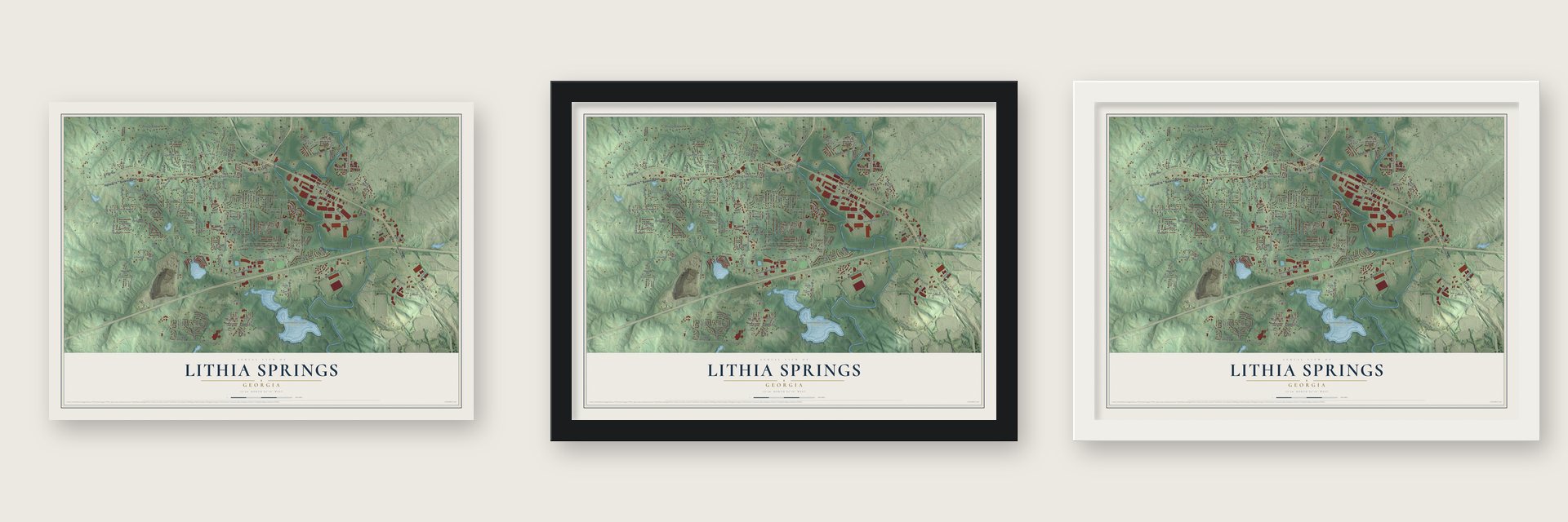 Lithia Springs, Georgia map unframed, in a black wood frame and in a white wood frame