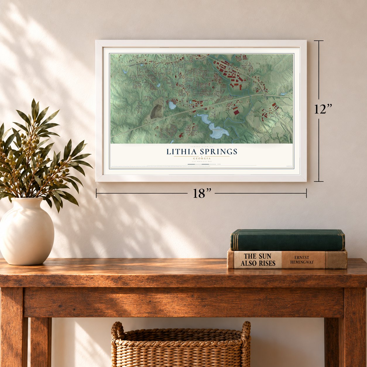 Lithia Springs, Georgia map, 12 x 18 inch print in a white frame in an entryway