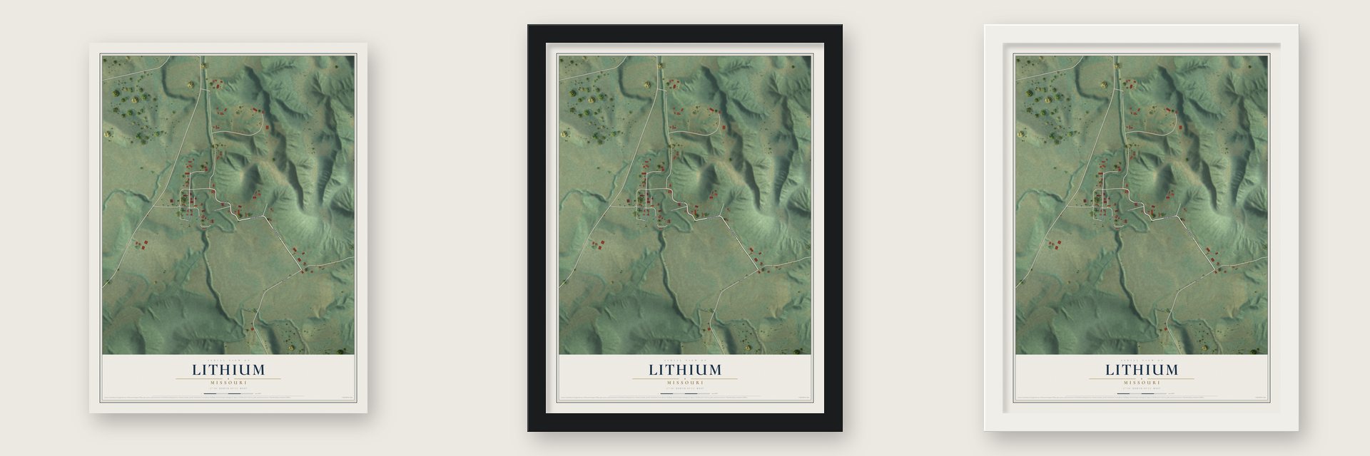 Lithium, Missouri map unframed, in a black wood frame and in a white wood frame