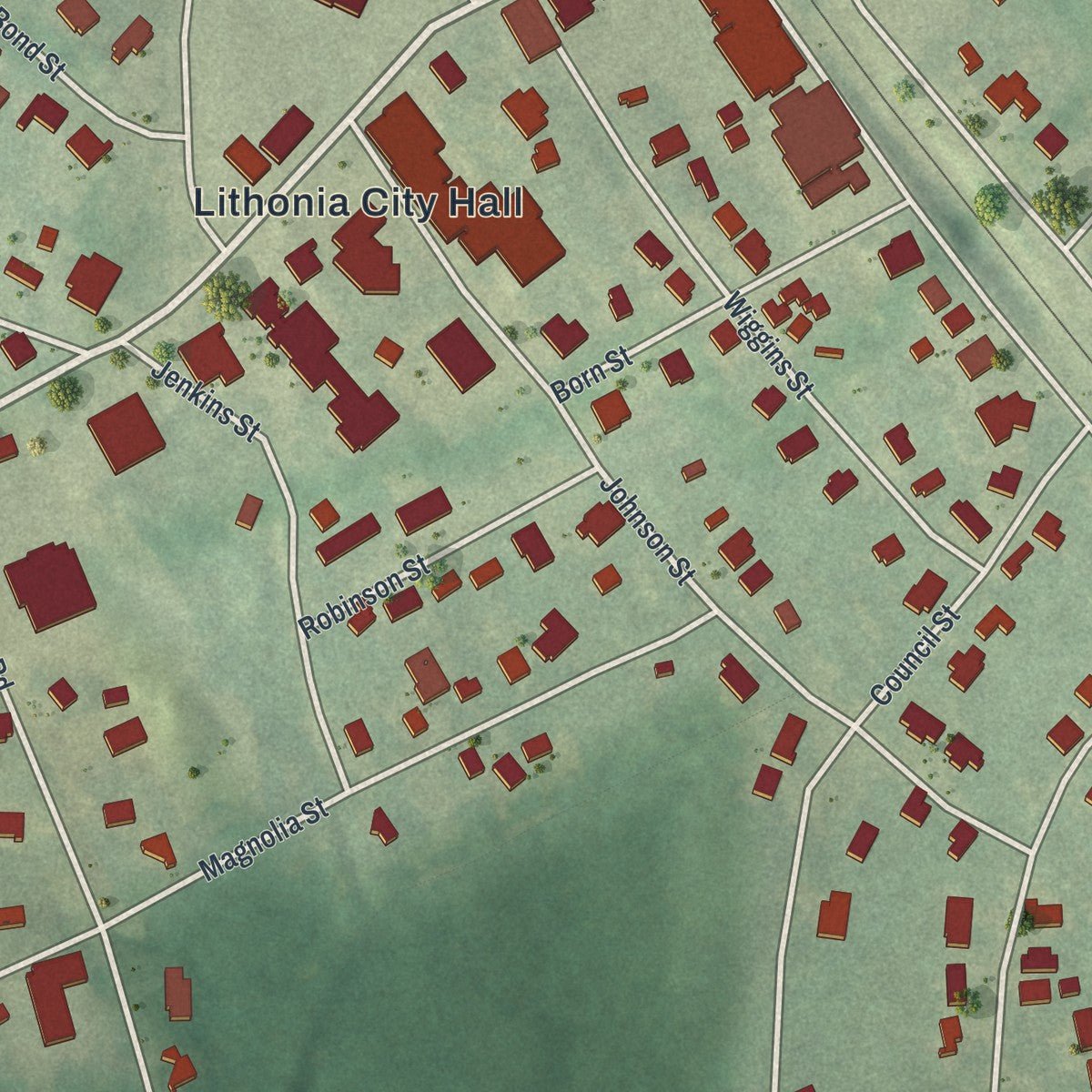 Second close-up of the map of Lithonia, Georgia print showing more streets and buildings