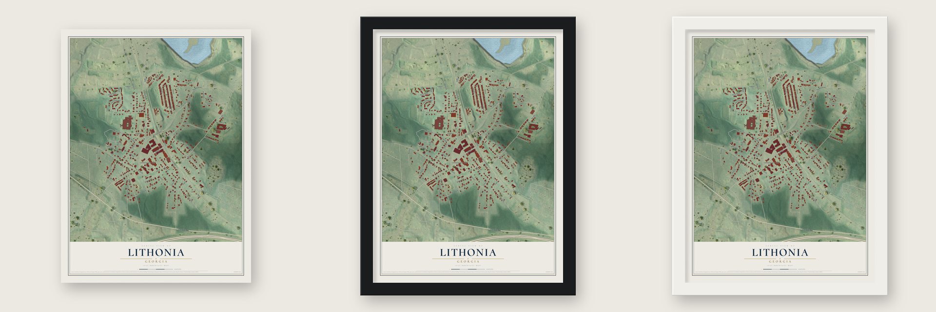 Lithonia, Georgia map unframed, in a black wood frame and in a white wood frame