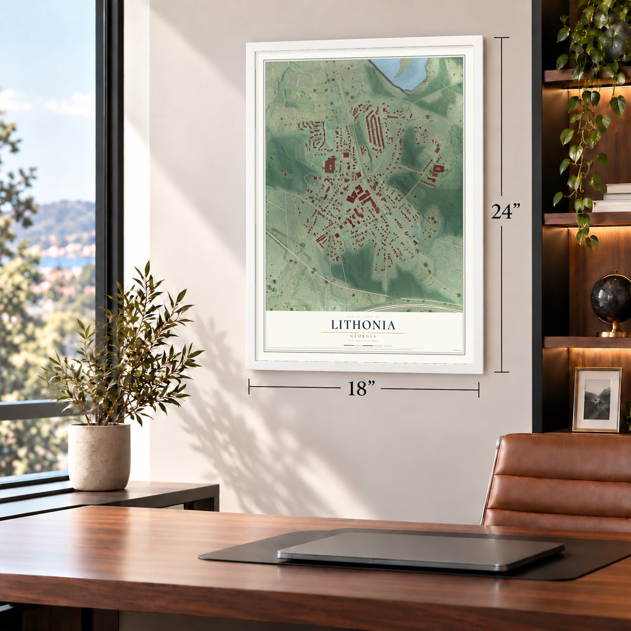 Lithonia, Georgia map, 18 x 24 inch print in a white frame in a home office