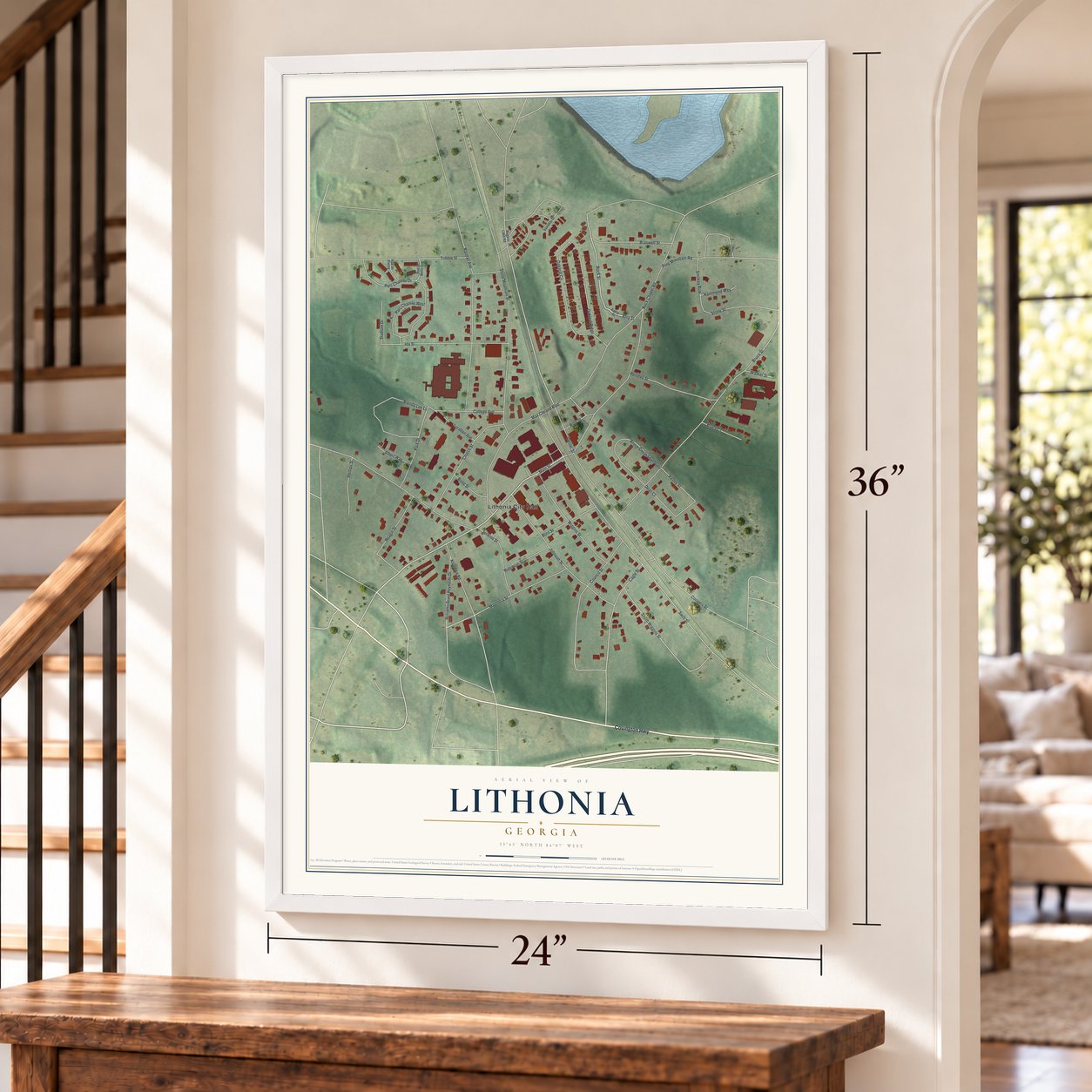 Lithonia, Georgia map, 24 x 36 inch print in a white frame by a staircase
