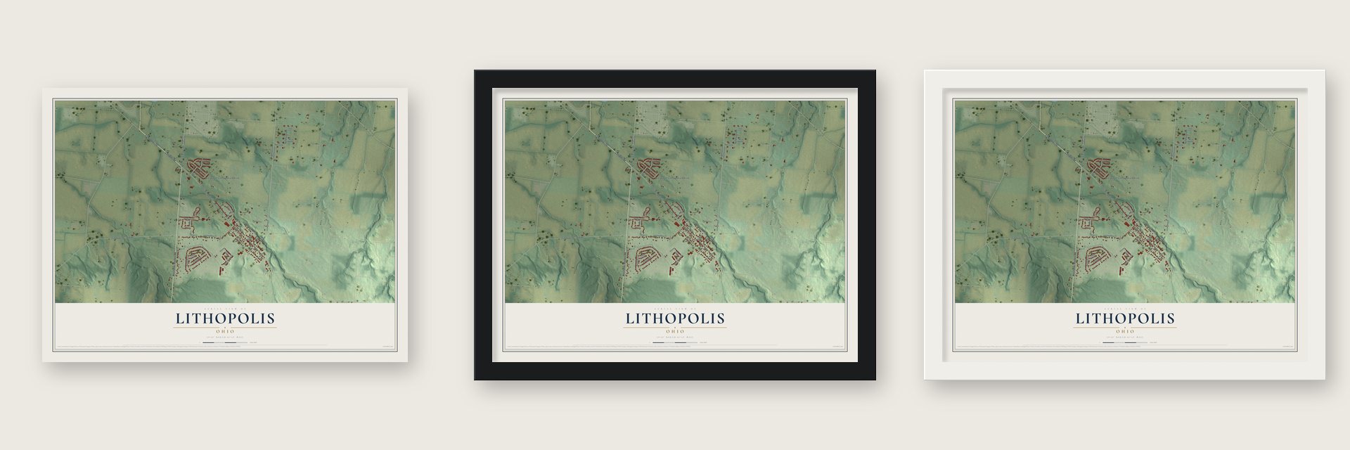 Lithopolis, Ohio map unframed, in a black wood frame and in a white wood frame