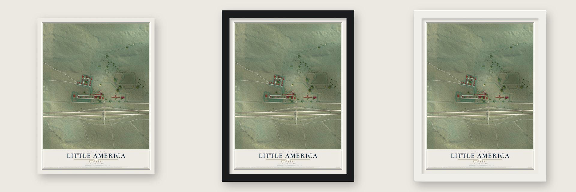 Little America, Wyoming map unframed, in a black wood frame and in a white wood frame