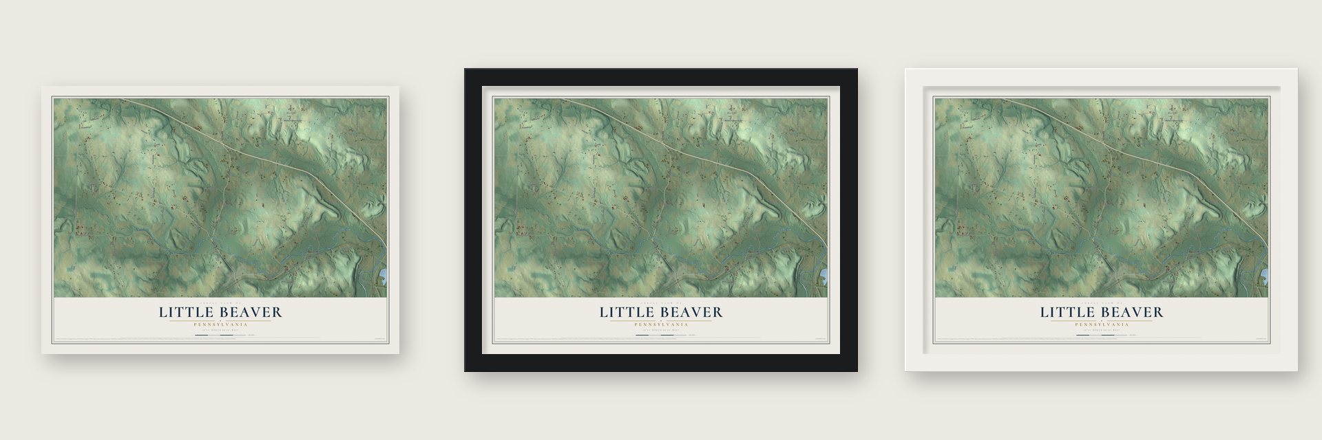 Little Beaver, Pennsylvania map unframed, in a black wood frame and in a white wood frame