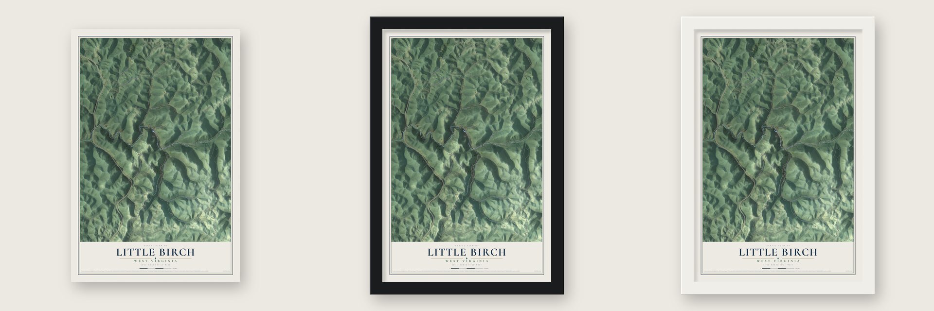 Little Birch, West Virginia map unframed, in a black wood frame and in a white wood frame