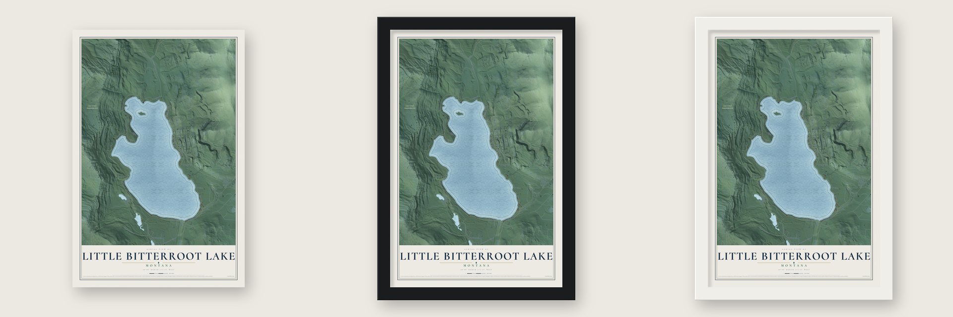 Little Bitterroot Lake, Montana map unframed, in a black wood frame and in a white wood frame