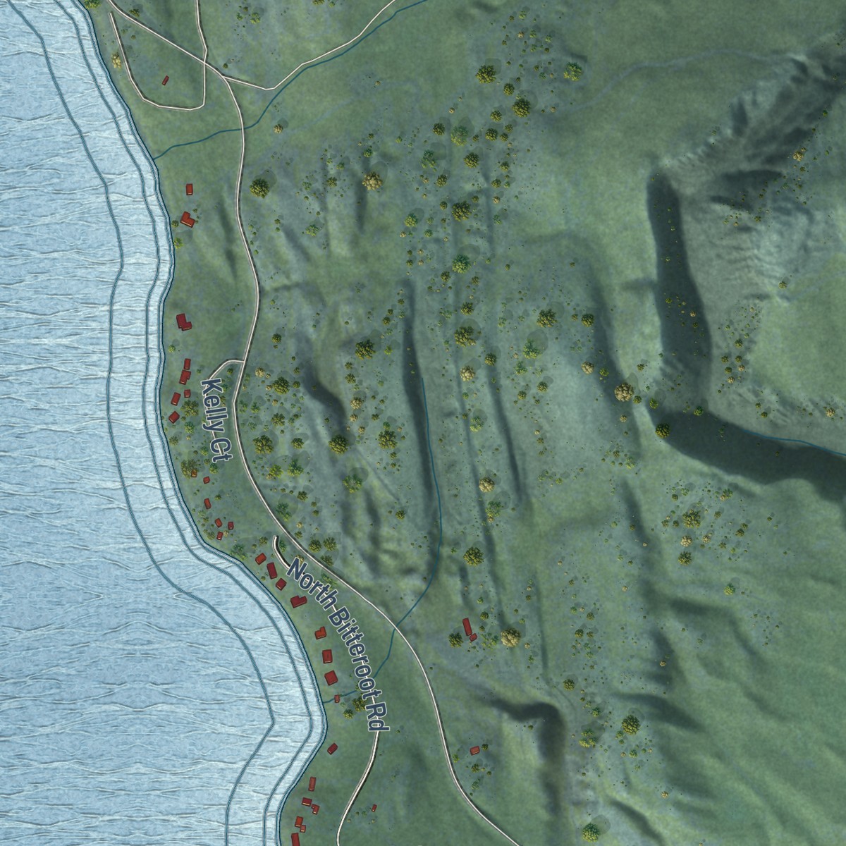 Second close-up of the map of Little Bitterroot Lake, Montana print showing more streets and buildings