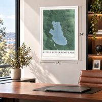 Little Bitterroot Lake, Montana map, 18 x 24 inch print in a white frame in a home office