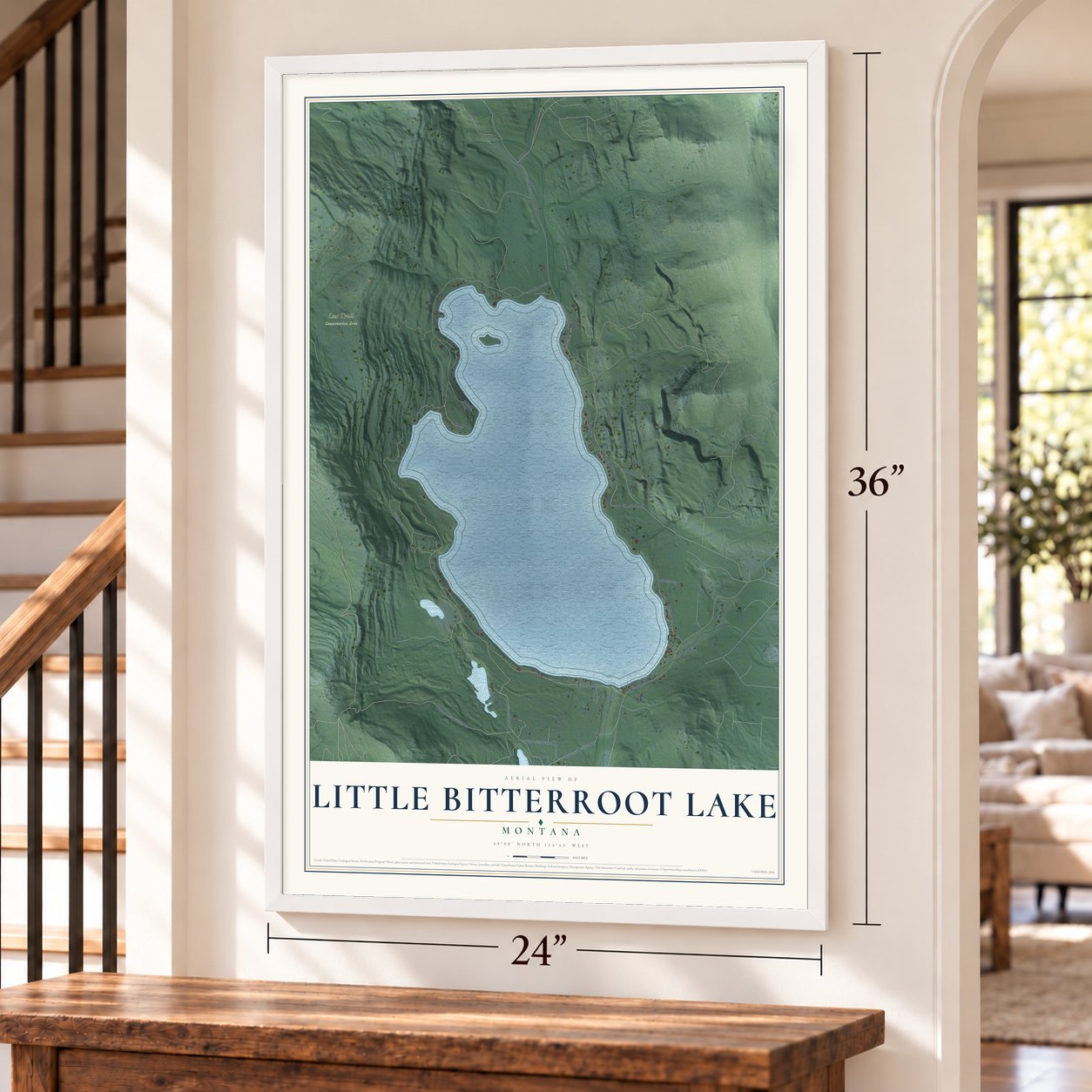 Little Bitterroot Lake, Montana map, 24 x 36 inch print in a white frame by a staircase