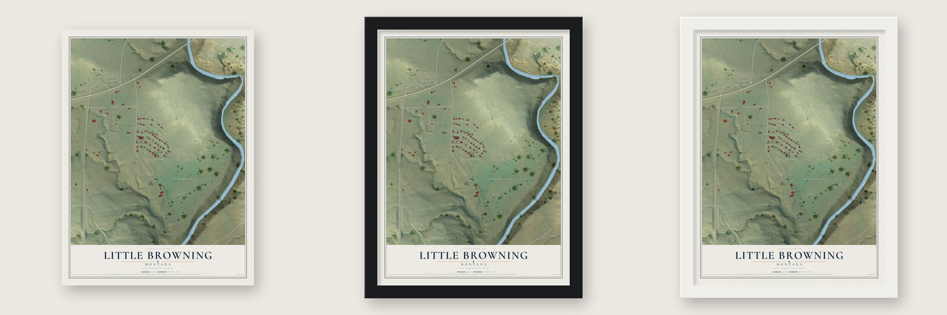 Little Browning, Montana map unframed, in a black wood frame and in a white wood frame