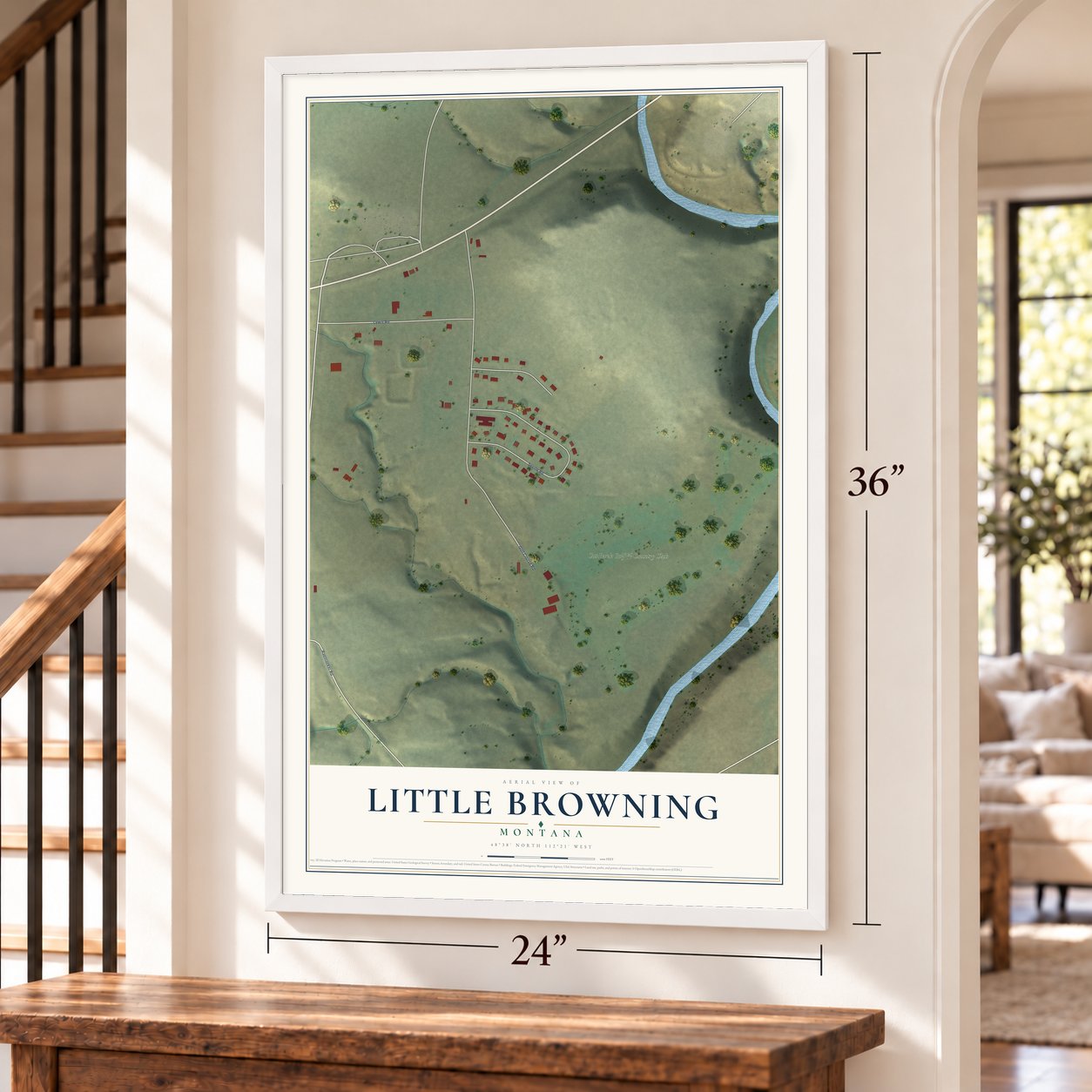 Little Browning, Montana map, 24 x 36 inch print in a white frame by a staircase
