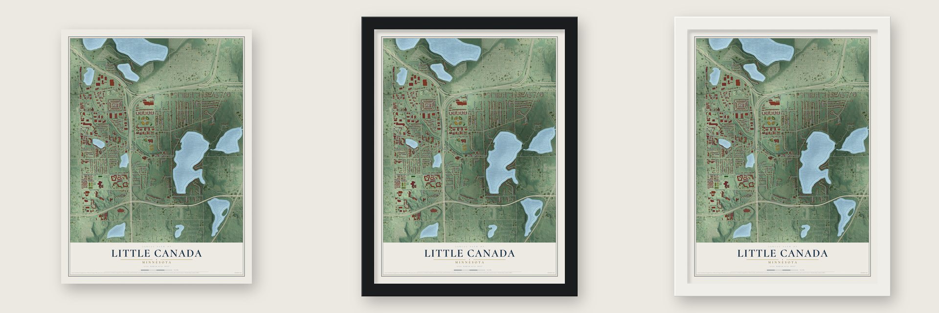Little Canada, Minnesota map unframed, in a black wood frame and in a white wood frame