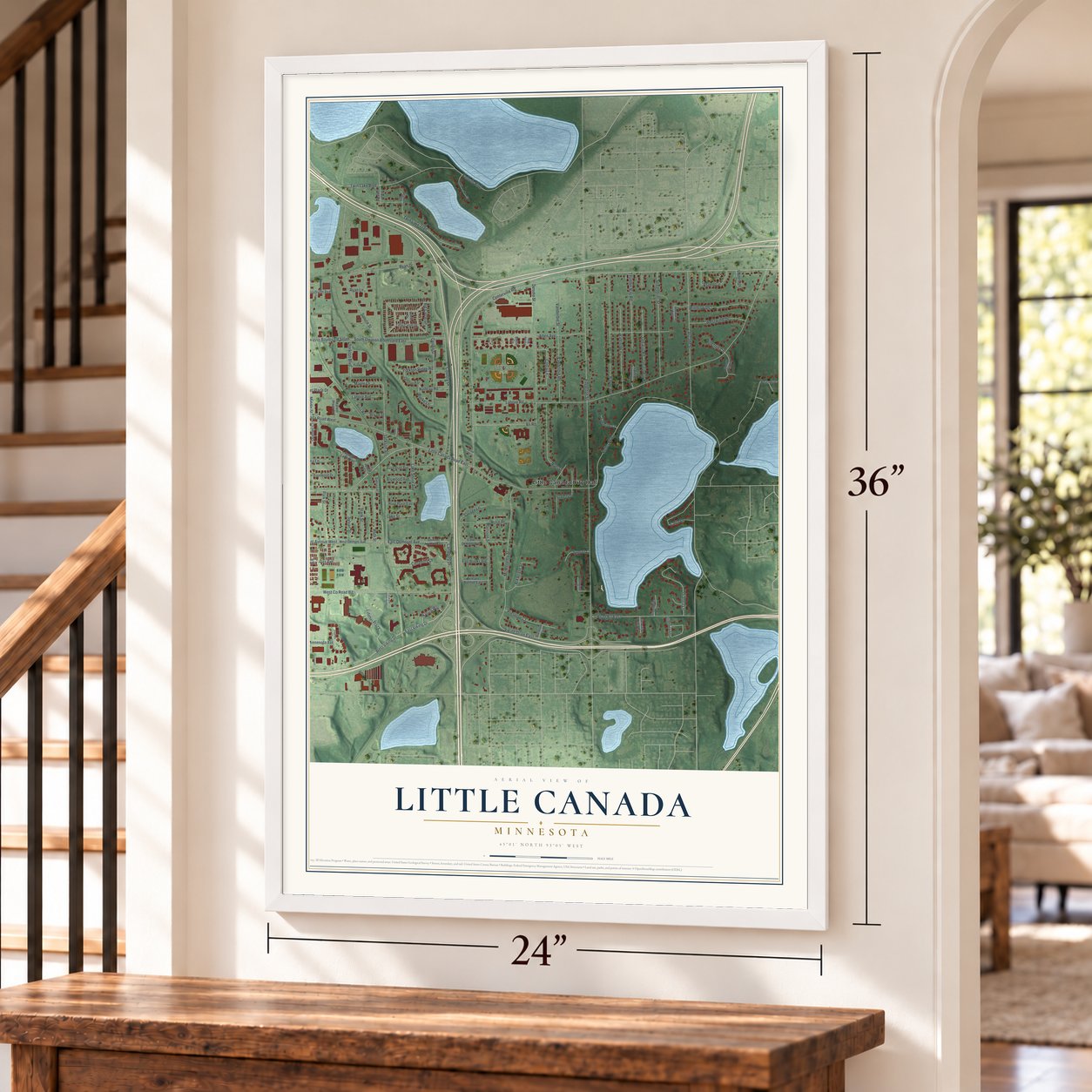 Little Canada, Minnesota map, 24 x 36 inch print in a white frame by a staircase