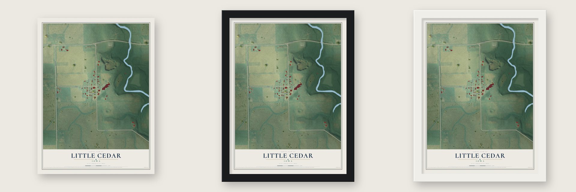 Little Cedar, Iowa map unframed, in a black wood frame and in a white wood frame