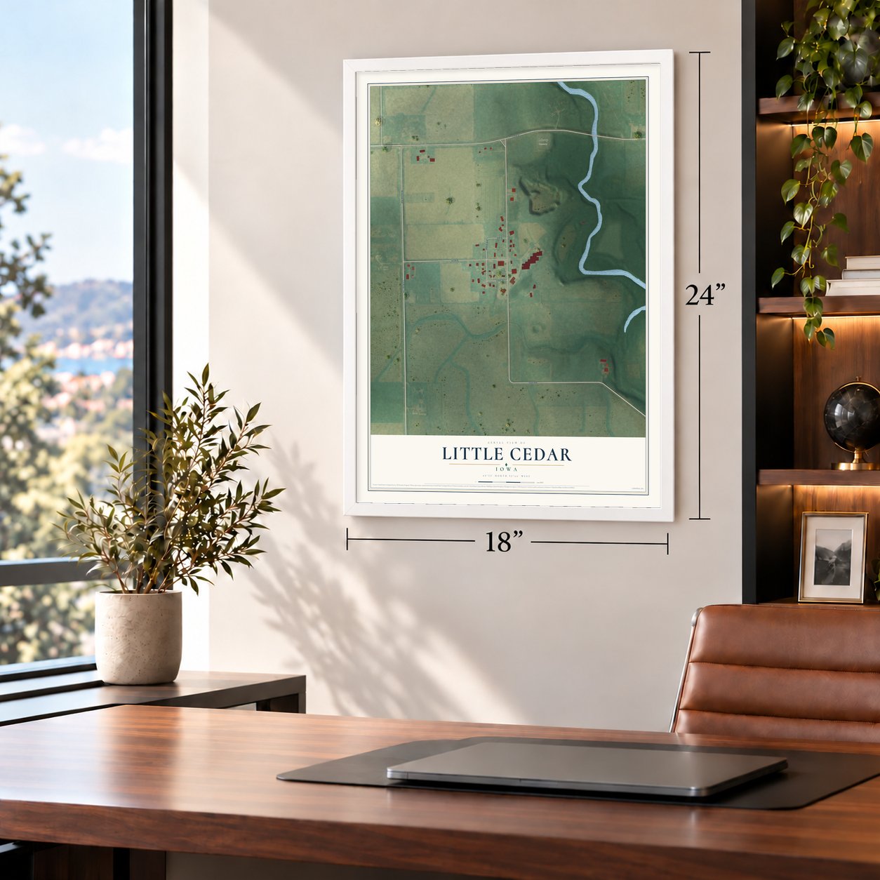 Little Cedar, Iowa map, 18 x 24 inch print in a white frame in a home office