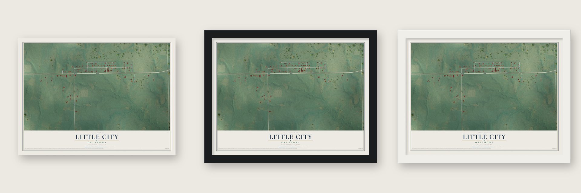 Little City, Oklahoma map unframed, in a black wood frame and in a white wood frame