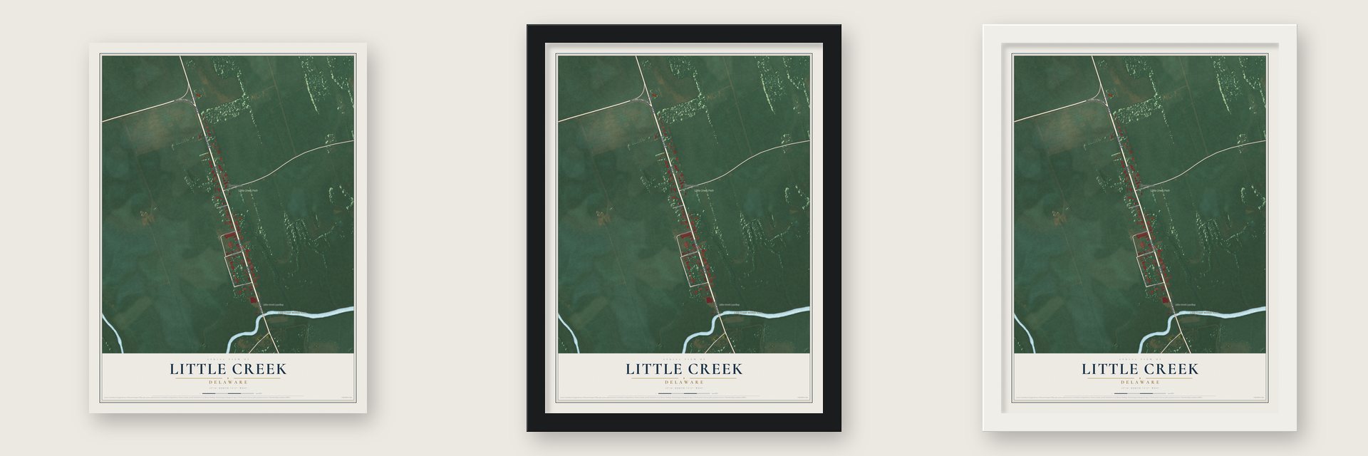 Little Creek, Delaware map unframed, in a black wood frame and in a white wood frame