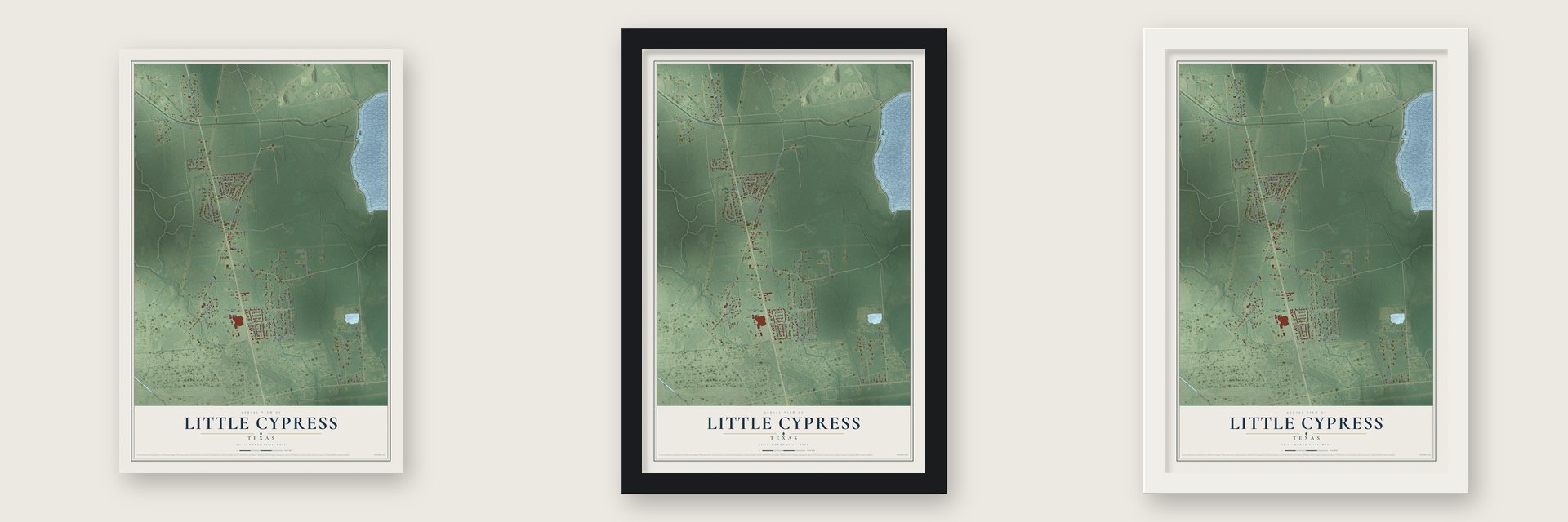 Little Cypress, Texas map unframed, in a black wood frame and in a white wood frame