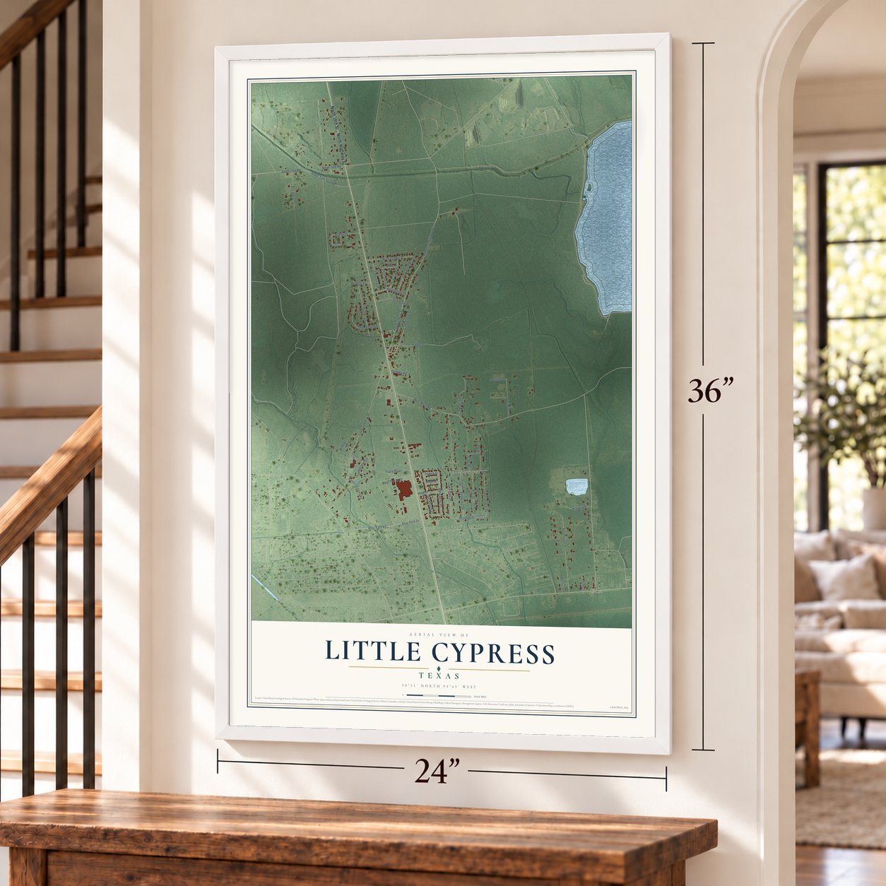 Little Cypress, Texas map, 24 x 36 inch print in a white frame by a staircase